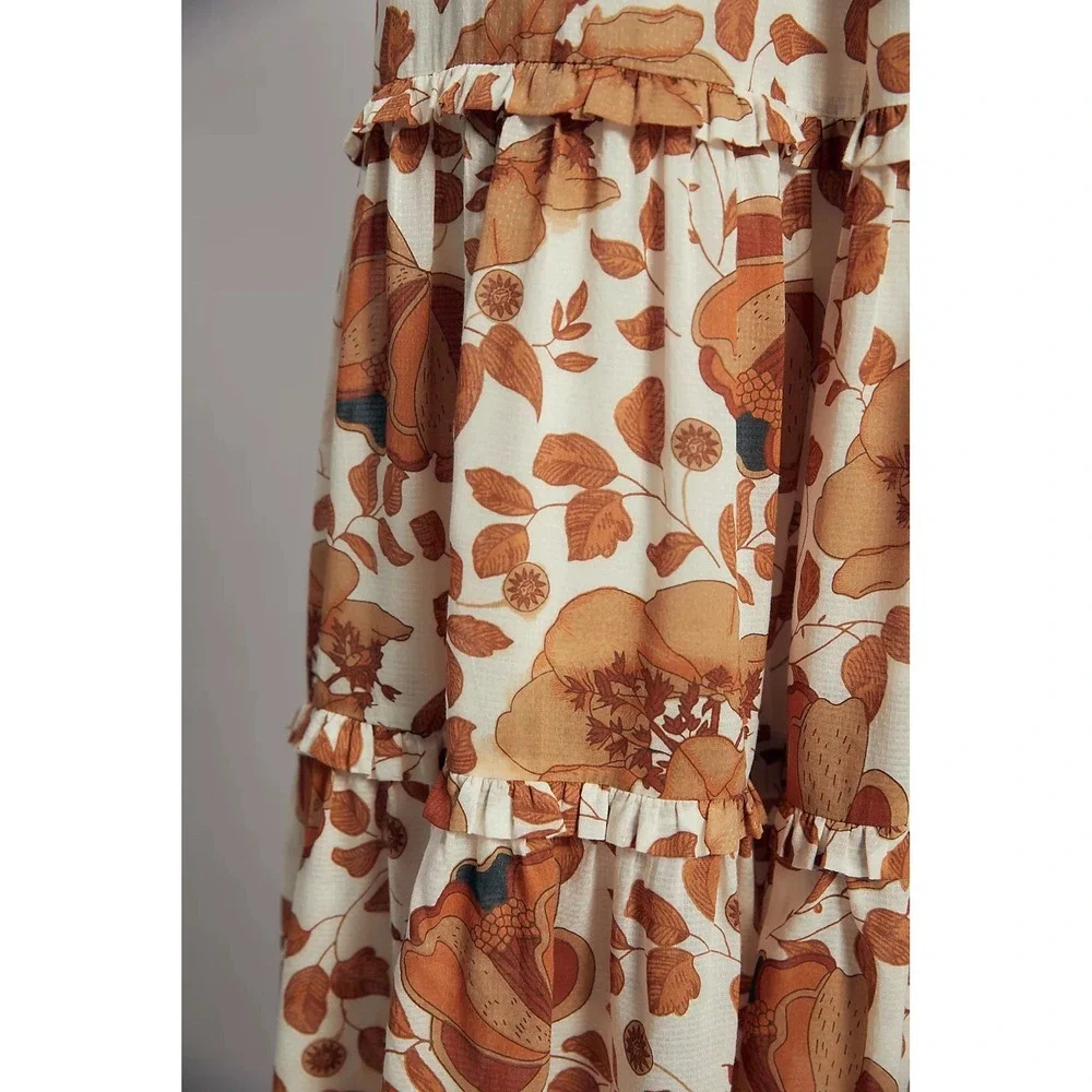 Anthropologie Tiered Floral Maxi Dress Size S Fits Like M Brown And White - Picture 4 of 9